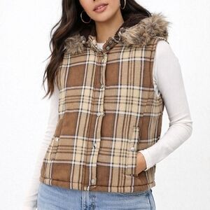KC Collection, Tan/creme plaid vest, With Fur Hood, Pit To Pit 22", Size XL